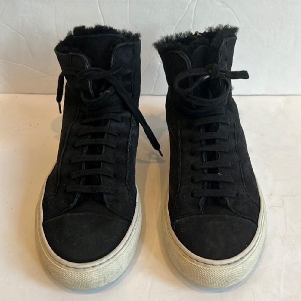Common Projects High Top black fur lined lace up back zip round toe sneakers